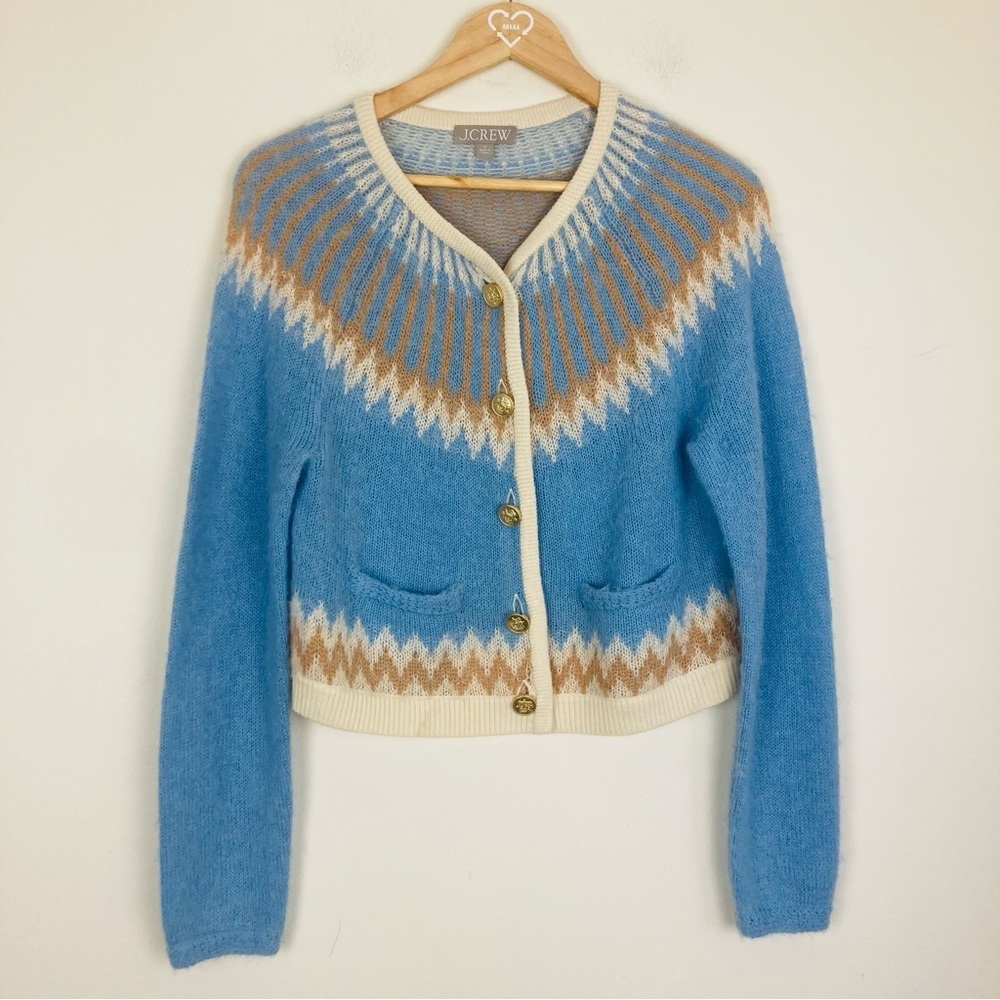 J. Crew mohair wool blend pale blue, cream and tan Nordic lady jacket sweater. S